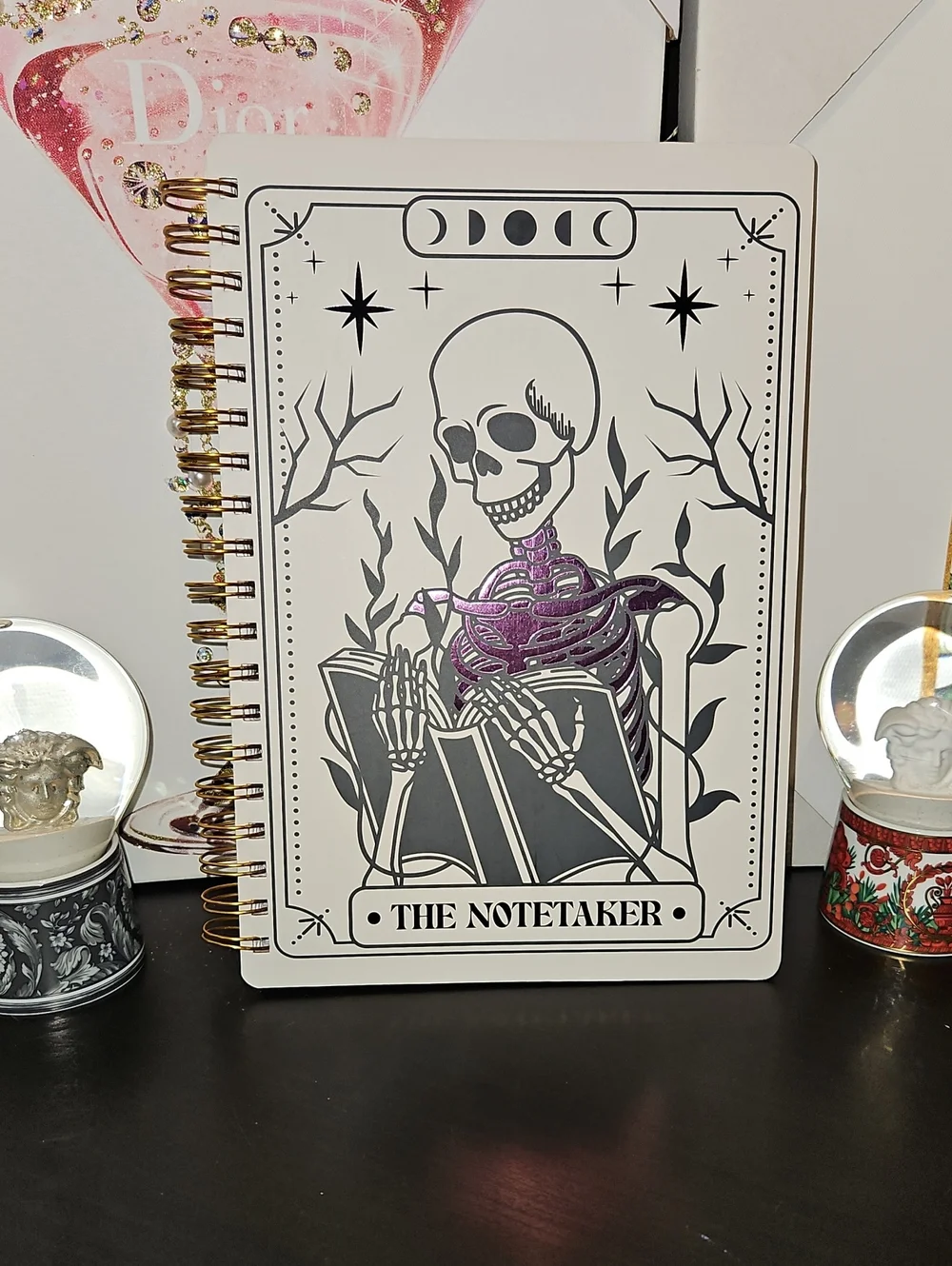 The Notetaker Spiral Notebook – White with Black & Purple Skeleton Design